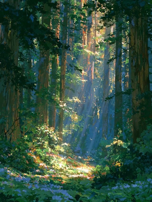 A serene forest scene with light piercing through the tree canopy illuminating the forest floor