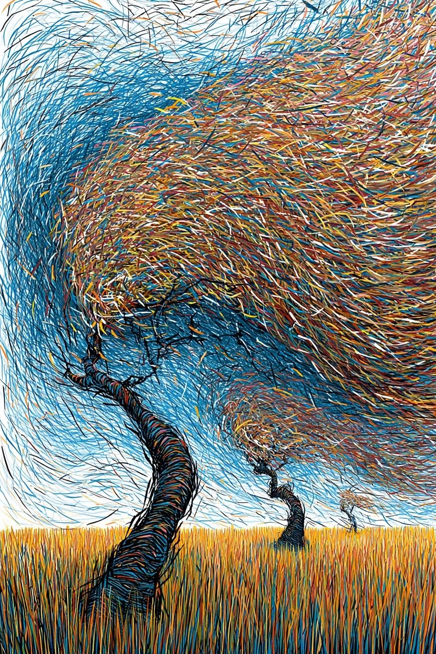 Flamboyant flowing lines cover the canvas with twisted trees bending violently in a windy grass field