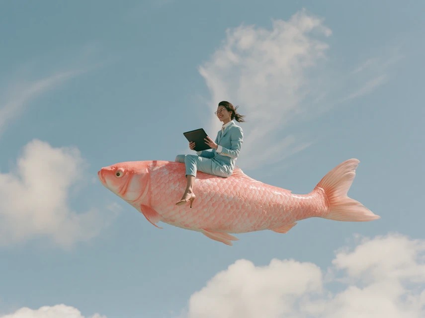 Uma mulher vestindo roupas de escritório está montando um enorme peixe koi pelas nuvens enquanto sorri