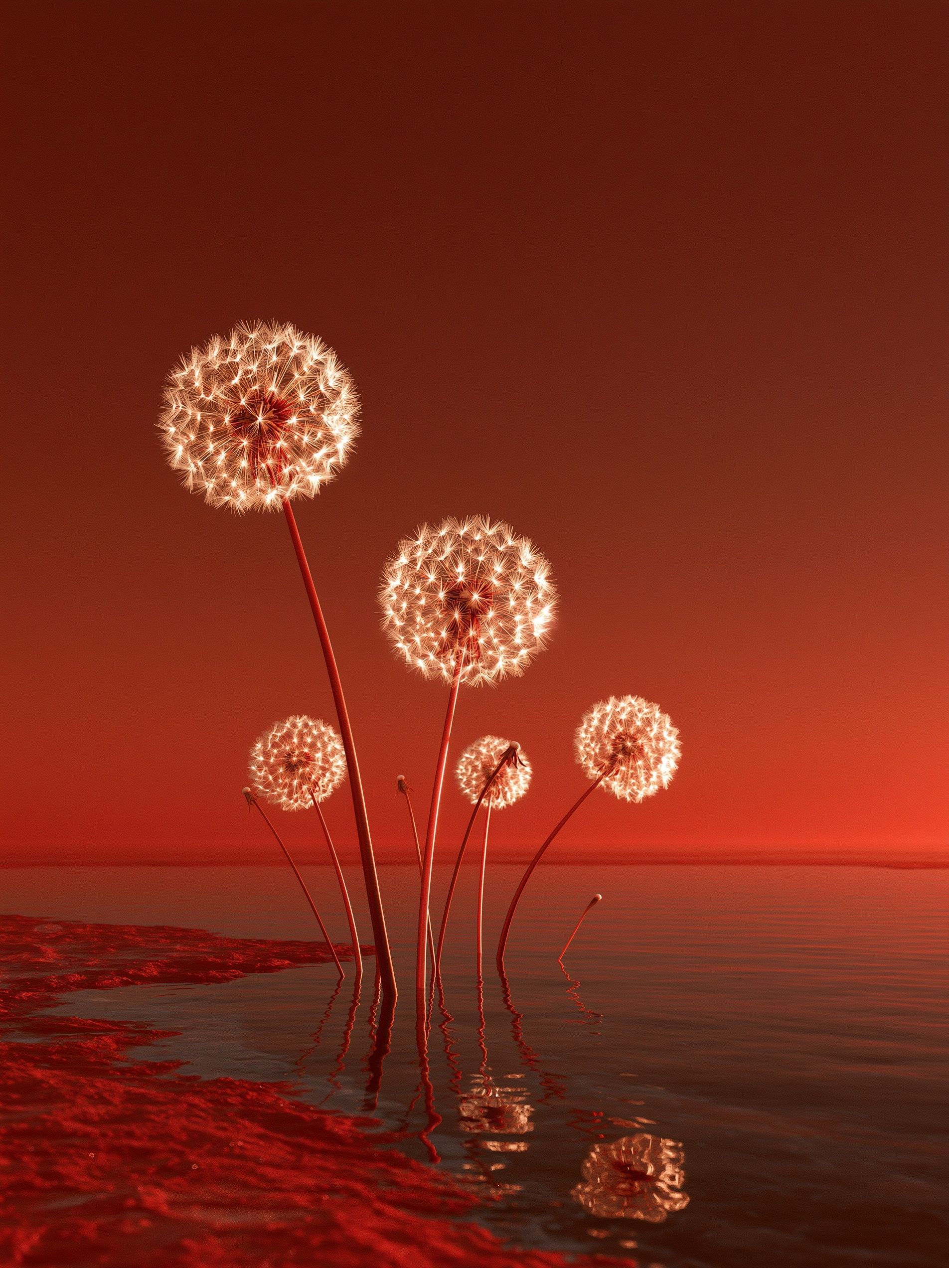 A clean wallpaper design featuring luminous white dandelions growing near a calm reflective surface