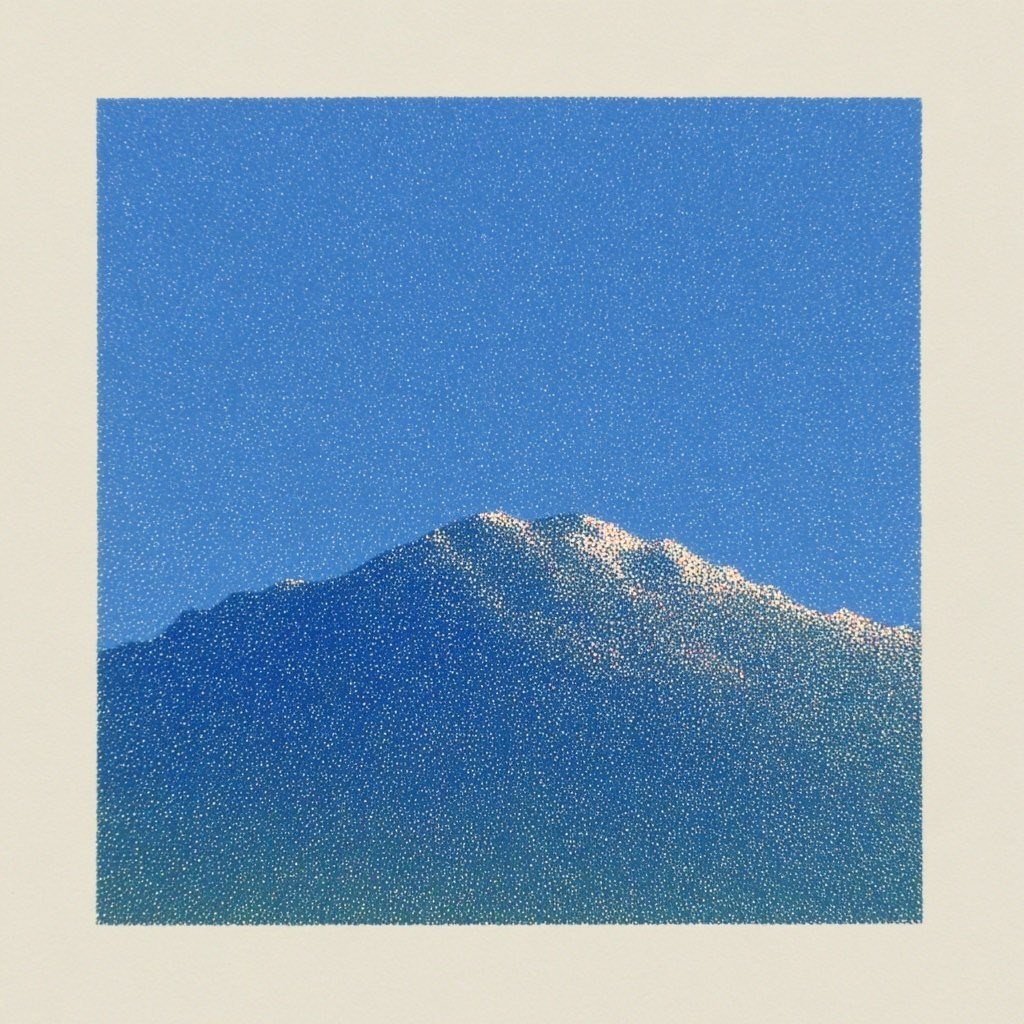 Esta pintura de paisajes montañosos en estilo puntillista muestra una atmósfera natural tranquila con montañas azules y nieve blanca