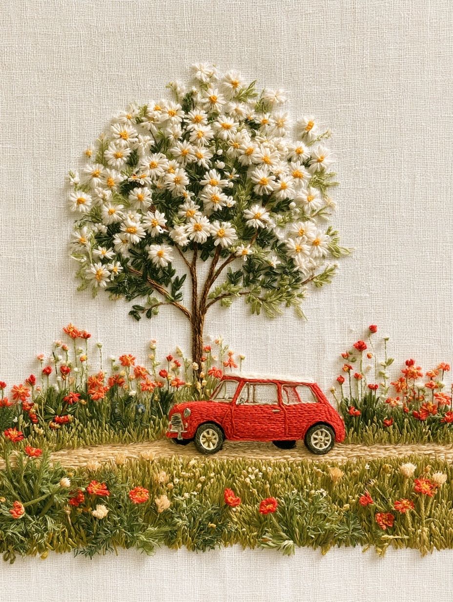 Einfache, kindliche handgemachte Stickerei mit einem roten Auto, Baum und Wildblumen auf weißem Stoff