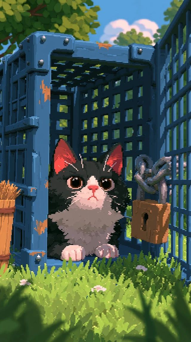 Un chat triste enfermé dans une cage à animaux sur l'herbe