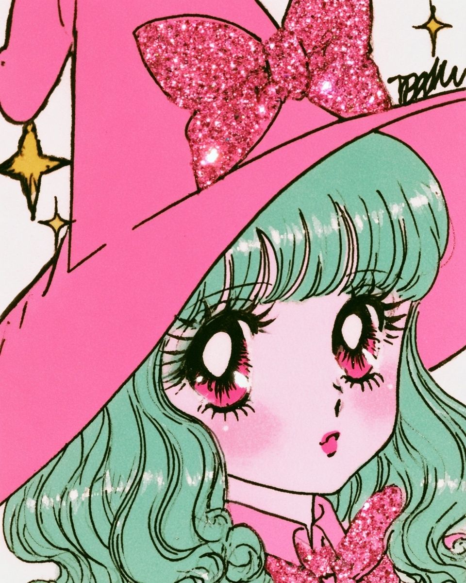 A cute semi-chibi Latina witch with long green hair and pink eyes