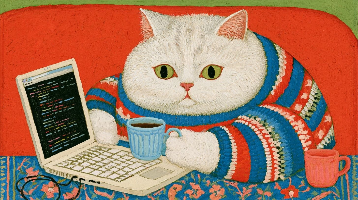 Eine Katze sitzt am Tisch, trinkt Kaffee und codiert