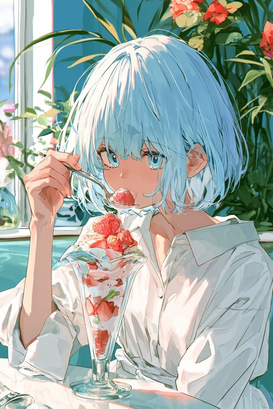A girl with medium-short light blue hair and blue eyes is eating a strawberry parfait in a cafe wearing a white shirt dress