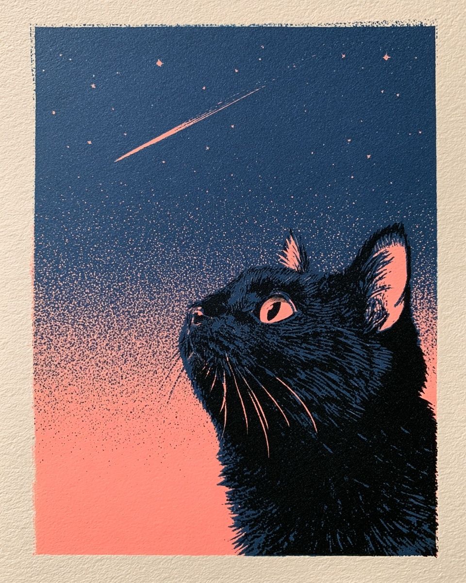 Ilustración en primer plano de un gato negro mirando una estrella fugaz en el cielo nocturno