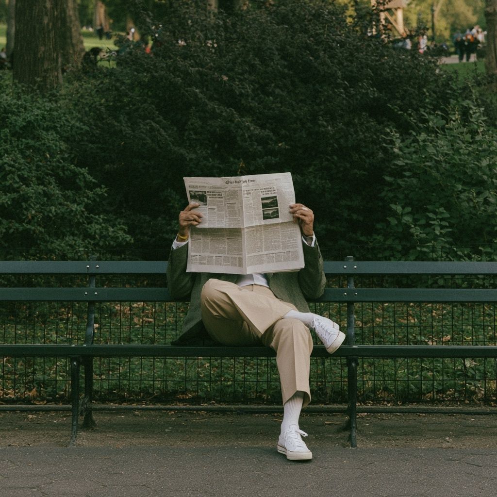 A man in Central Park reading a newspaper covering his face