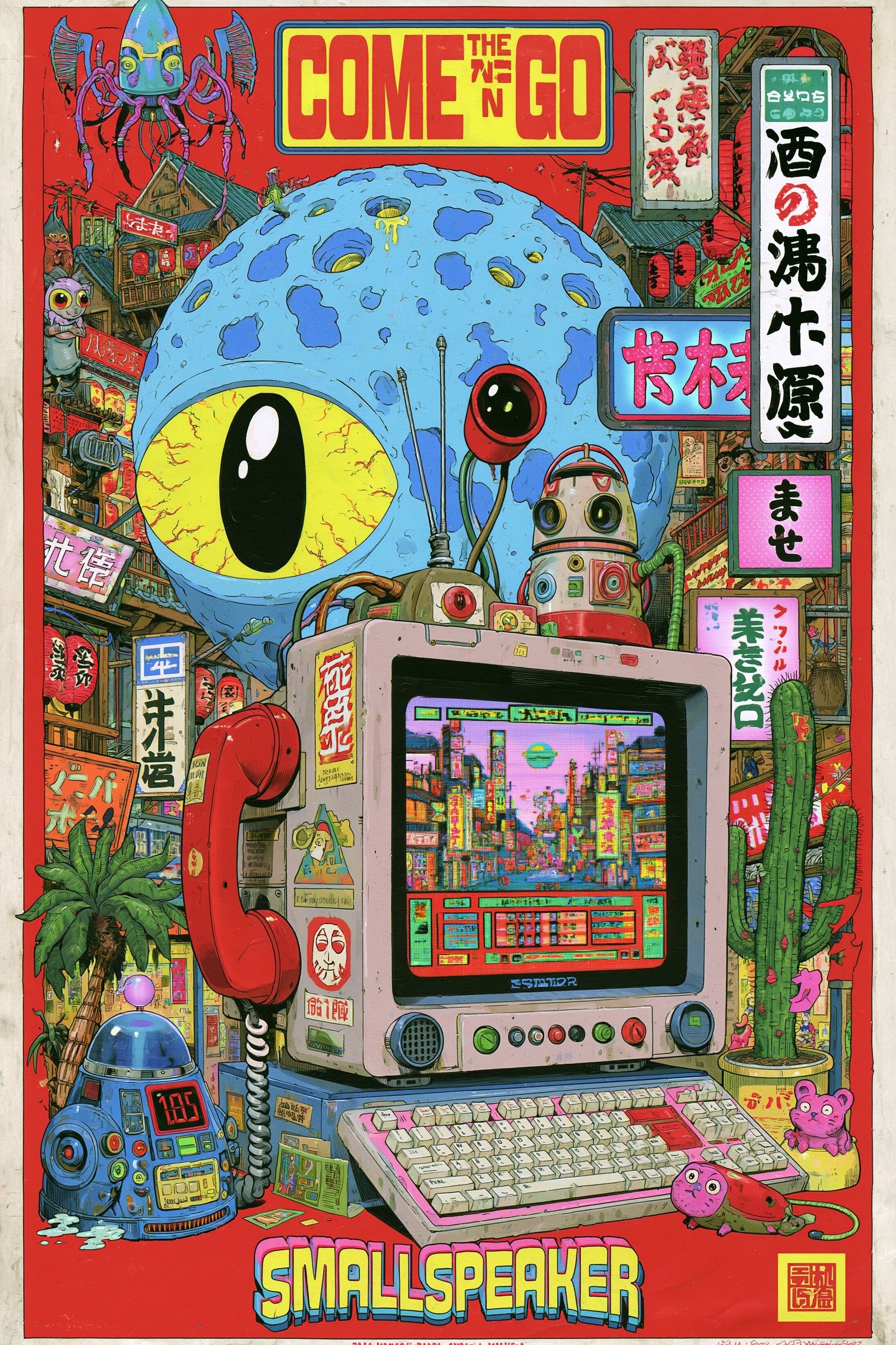 Dies ist ein surrealistisches japanisches Poster mit retro Typografie für 'THE COME ’N GO' und 'SMALLSPEAKER'