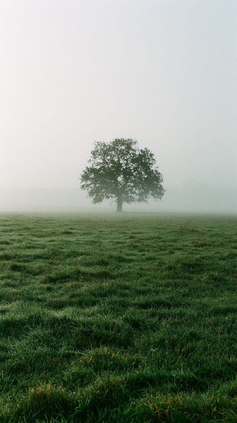 A solitary tree in a quiet morning countryside meadow