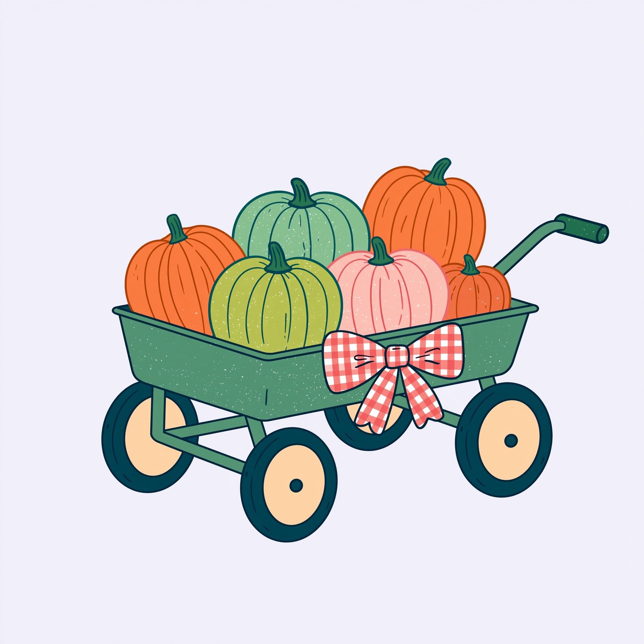 Ilustração de uma caminhonete cheia de abóboras, com uma paleta colorida e um pequeno laço de xadrez