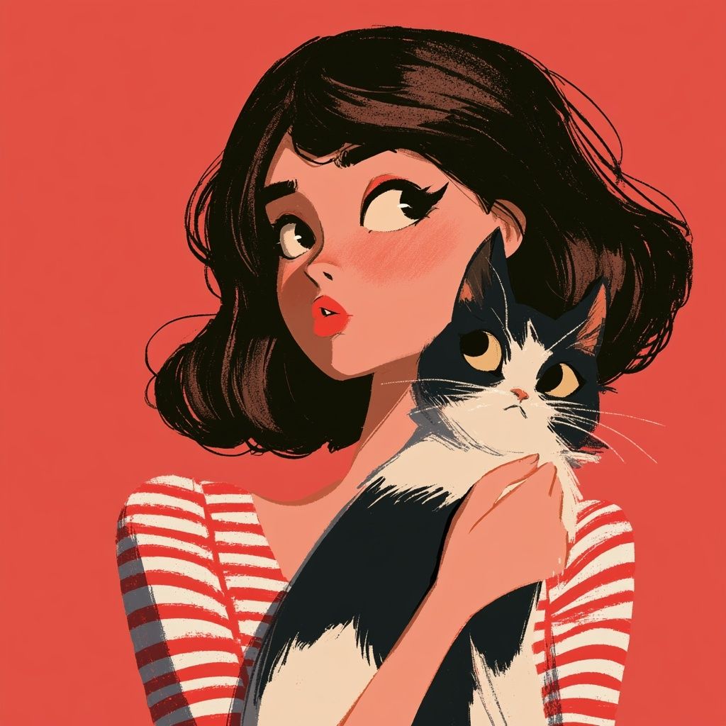 Una niña con un gato en una animación retro