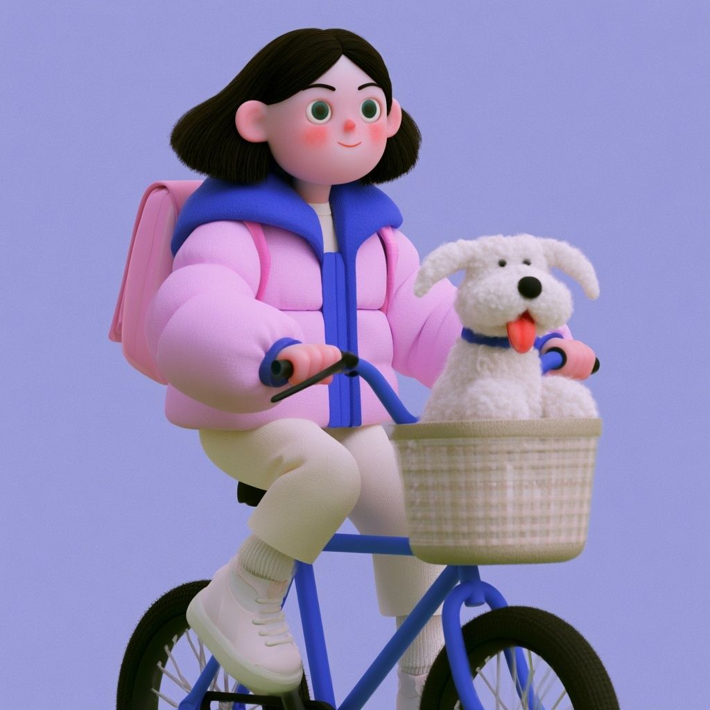 Una niña monta su bicicleta azul con su pequeño perro lobo irlandés en la cesta, y está feliz y un poco traviesa