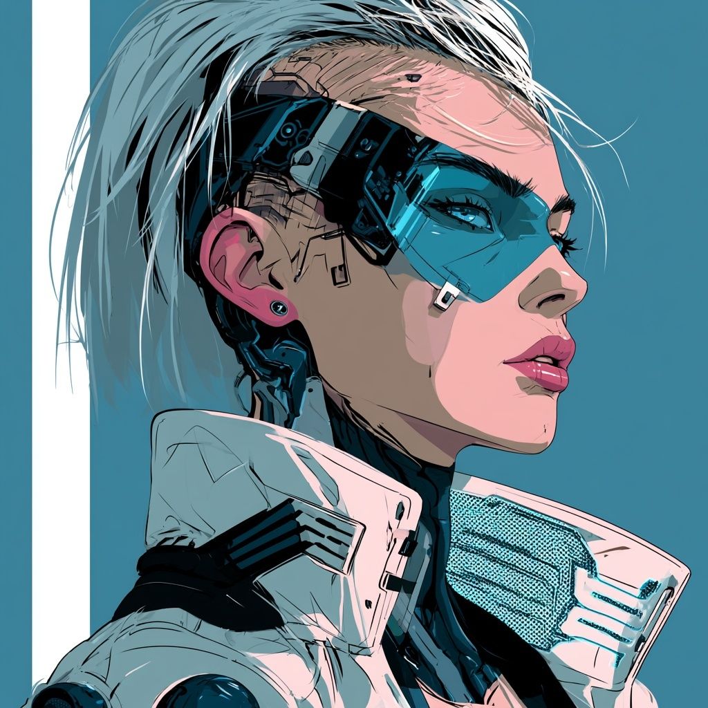A female cyberpunk character is dynamically active, with harmonious colors, ultra cool and mysterious