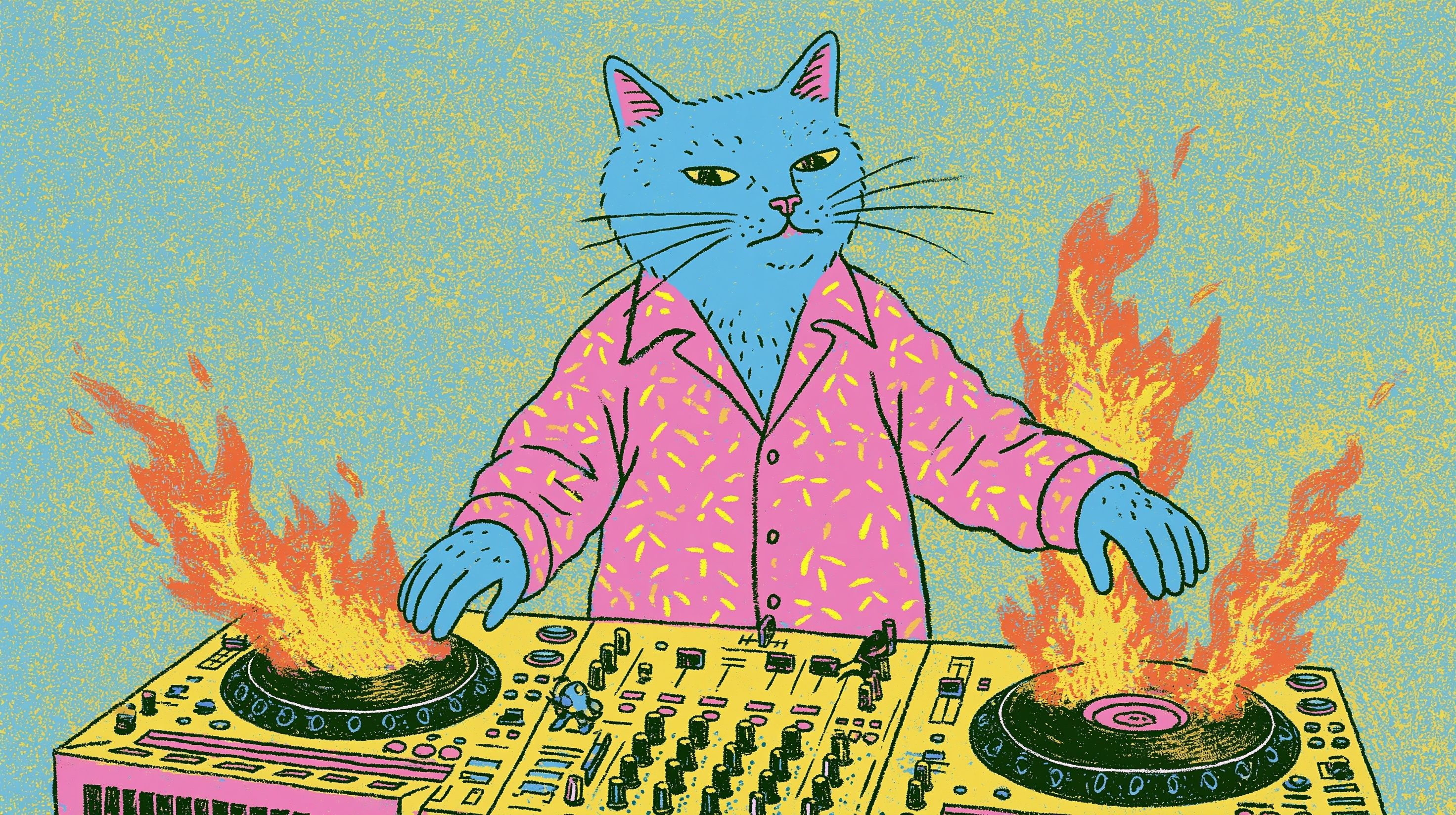 Eine arbeitende Katze als DJ mit einem Controller, aus dem Flammen schießen, wirkt ungerührt
