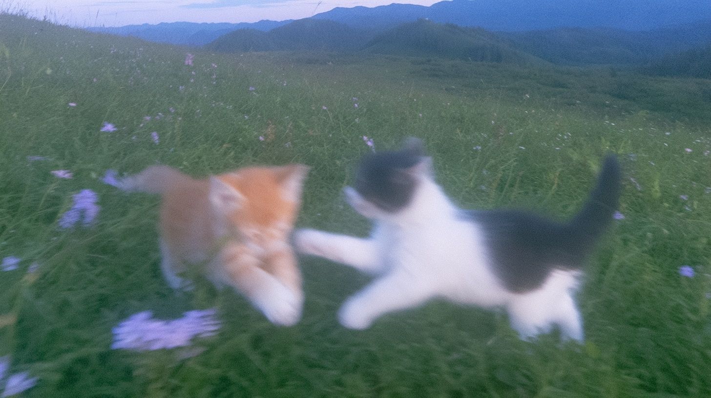 Kittens are chasing a wand toy with a beautiful view behind