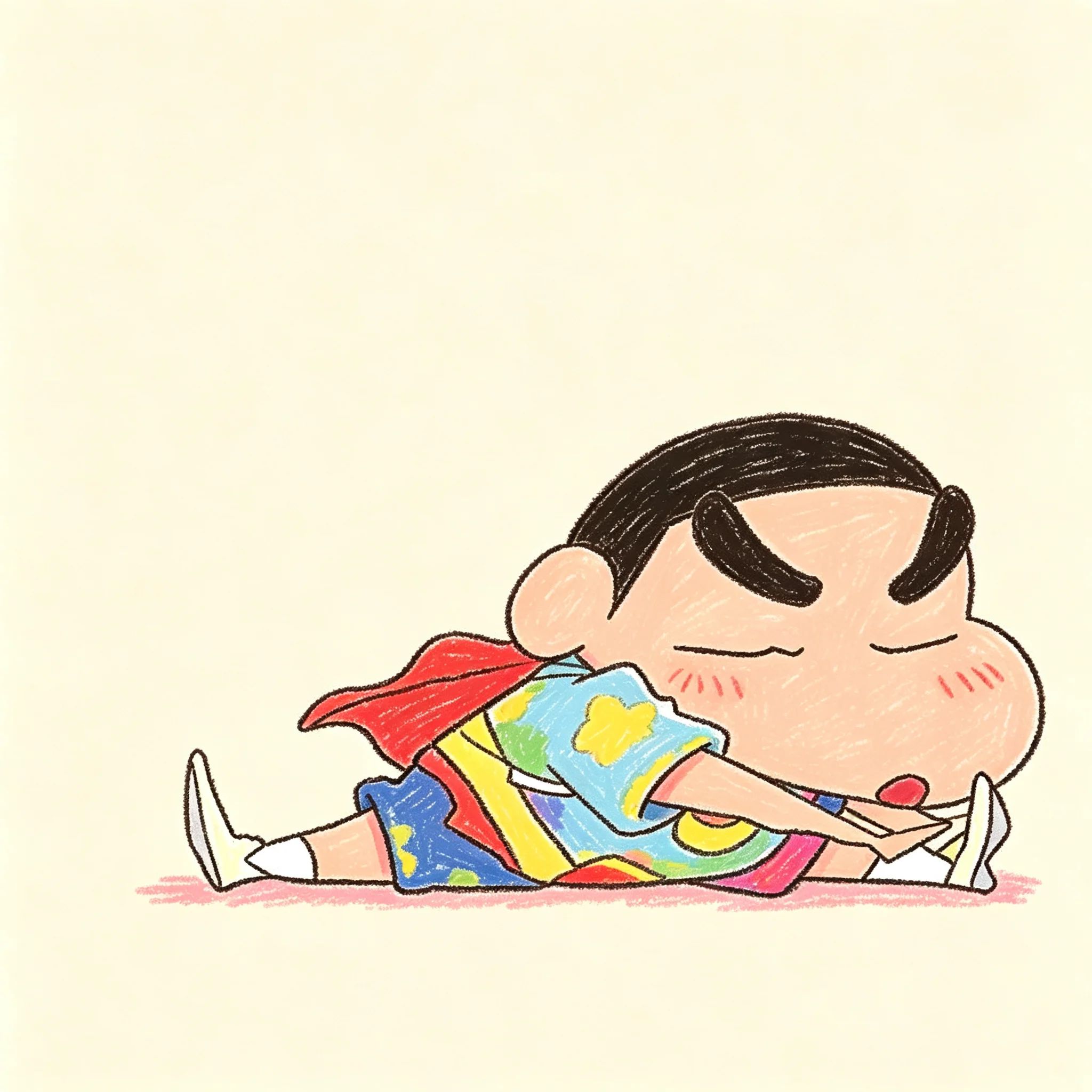 Shin is lying on the ground wearing a vibrant cartoon outfit