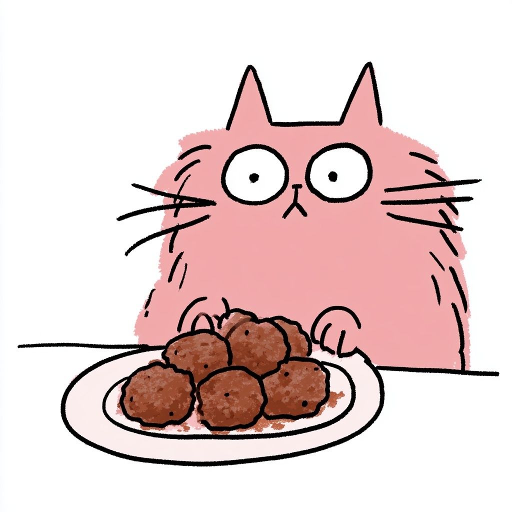 Chat en cartoon rose simple et adorable mangeant des boulettes de viande