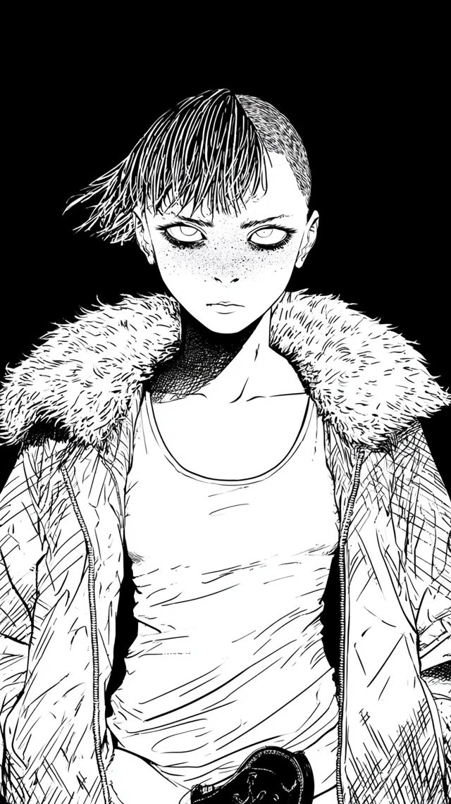 A skinhead girl with Chelsea cut hair, long swept fringe, sharp pale wide eyes, freckles, and an unsettling intense expression, dressed in a fur-collar bomber jacket and fitted tank top with Doc Martens