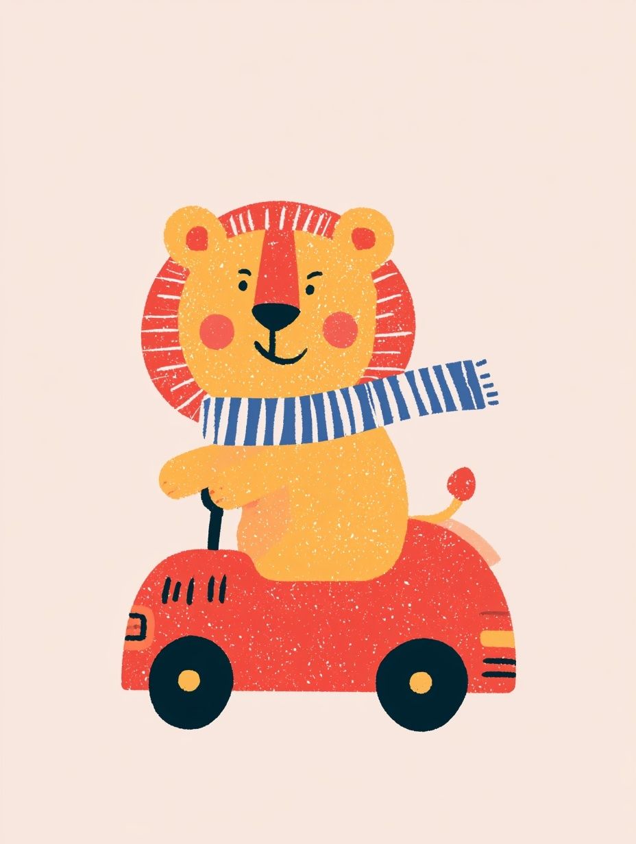 A playful lion cub in a striped scarf driving a vintage red toy car