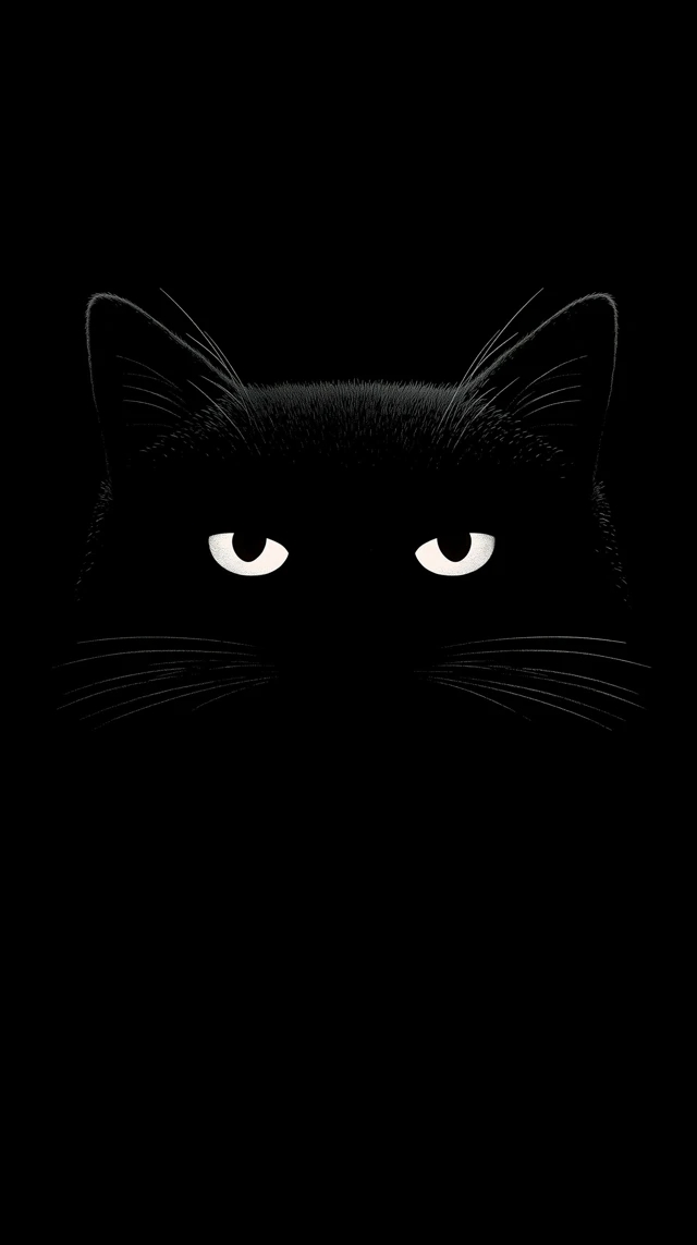 Este es un fondo de pantalla minimalista para smartphone que muestra un gato negro casi completamente escondido en la oscuridad, con solo sus ojos soñolentos visibles