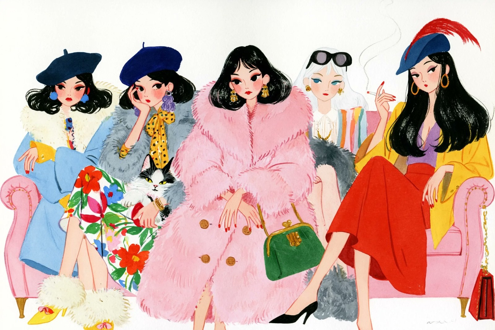 Cinco mujeres modernas se sientan en un sofá rosa en una ilustración de estilo retro