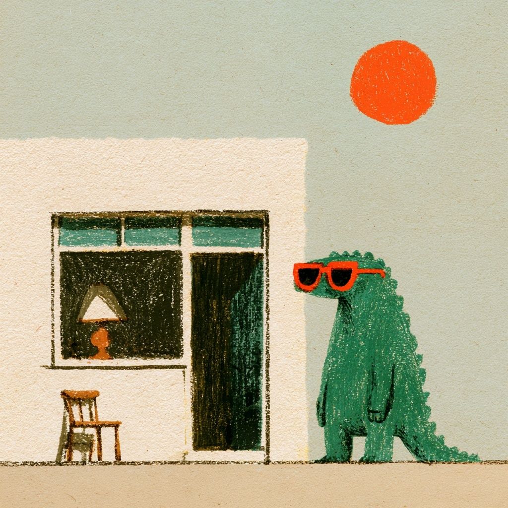 Uma ilustração encantadora feita à mão de uma pequena loja de antiguidades com um dinossauro verde fofo do lado de fora
