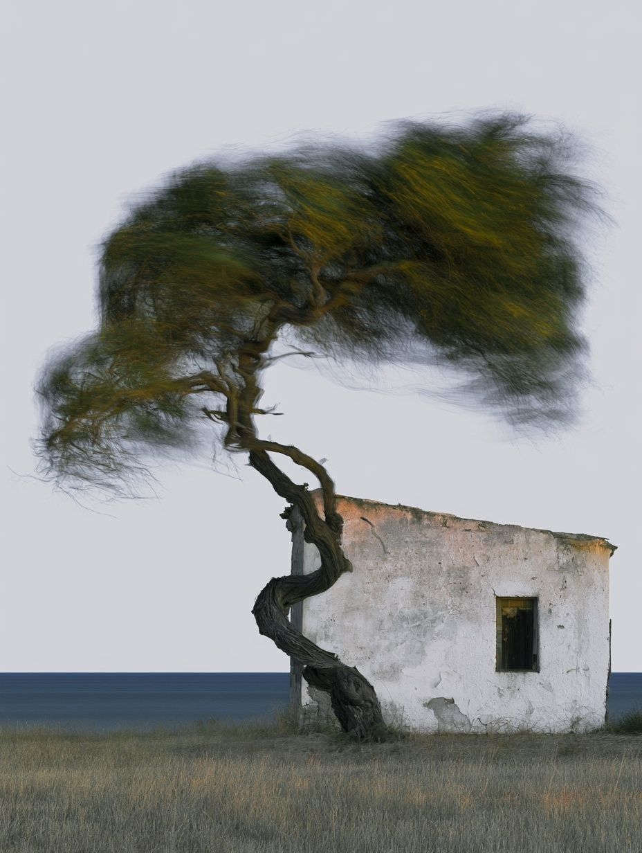 An old tree and a small house with one window and a front door
