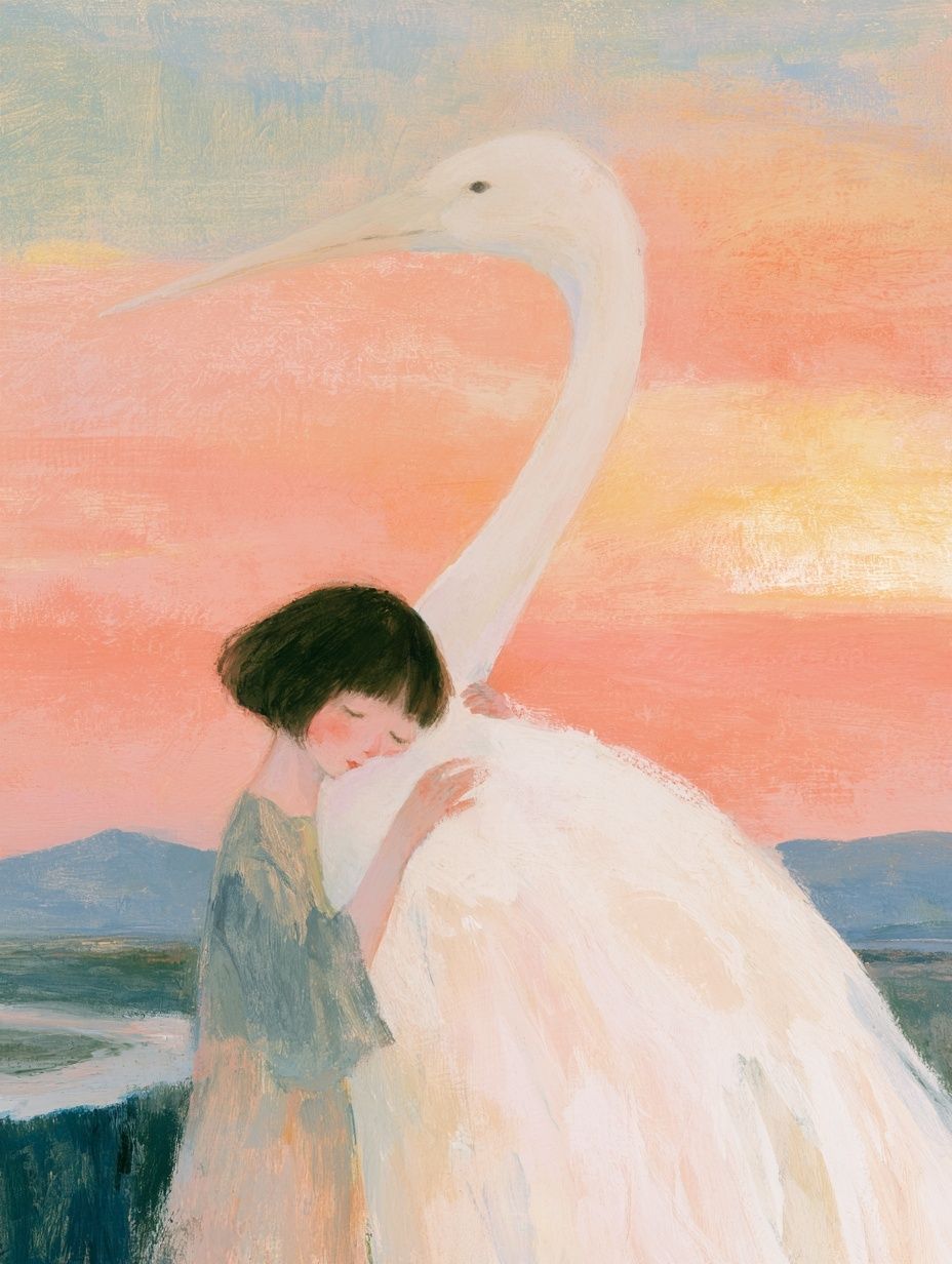 A girl cradles a bird, creating a warm emotional connection between them