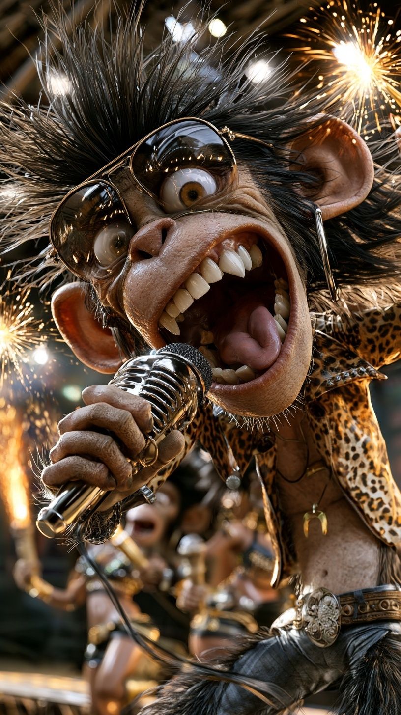 Draw a male monkey as a Spanish rock singer, resembling Mick Jagger, with female monkey singers in the background