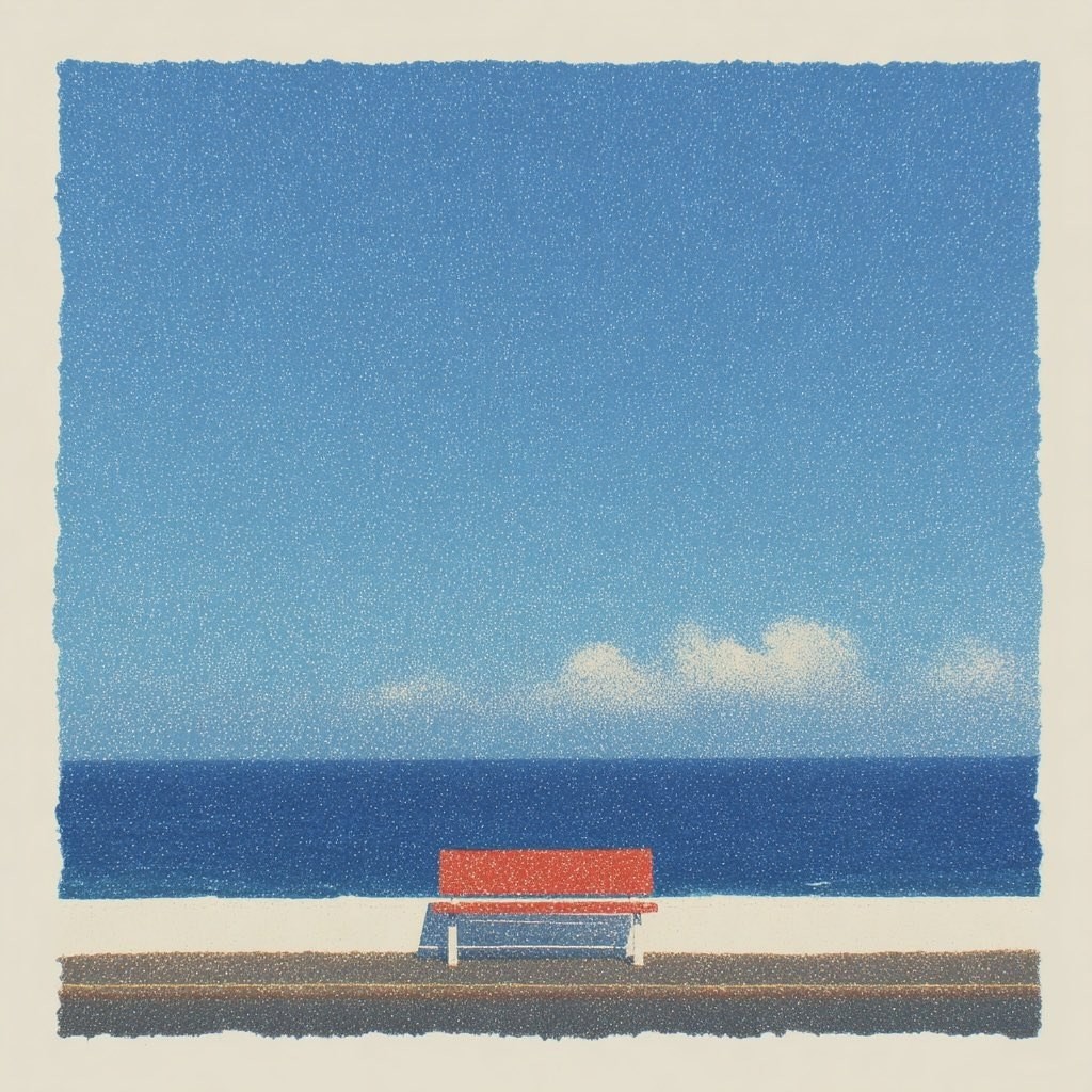 Una ilustración minimalista muestra una costa tranquila con un banco rojo-naranja