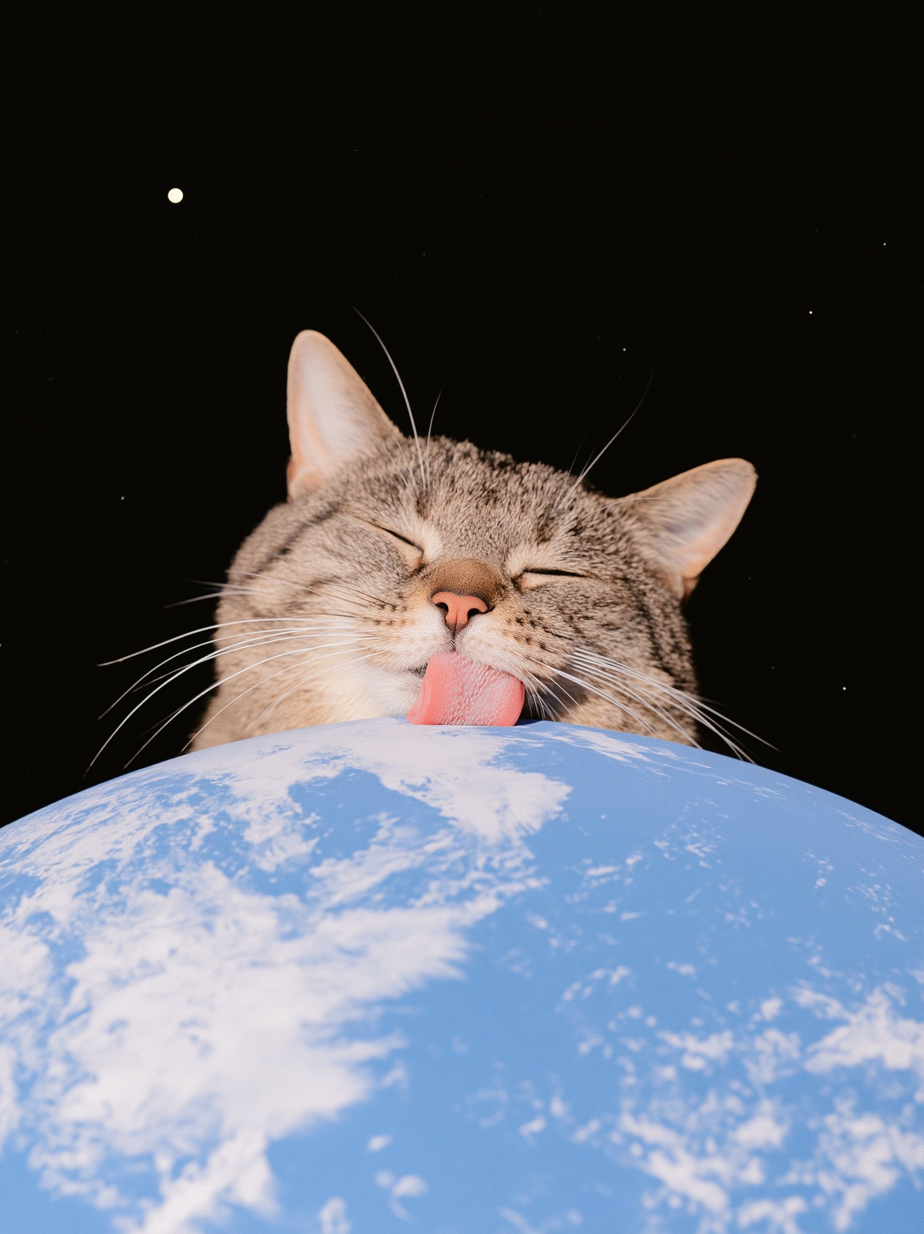 Un gigante gato doméstico en el espacio lamiendo la Tierra