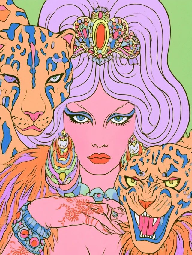 Eine Frau in Straßenmode trägt Panthermuster und mongolische Schafwolle, mit einer aufwändigen Perücke und Henna-Tattoos