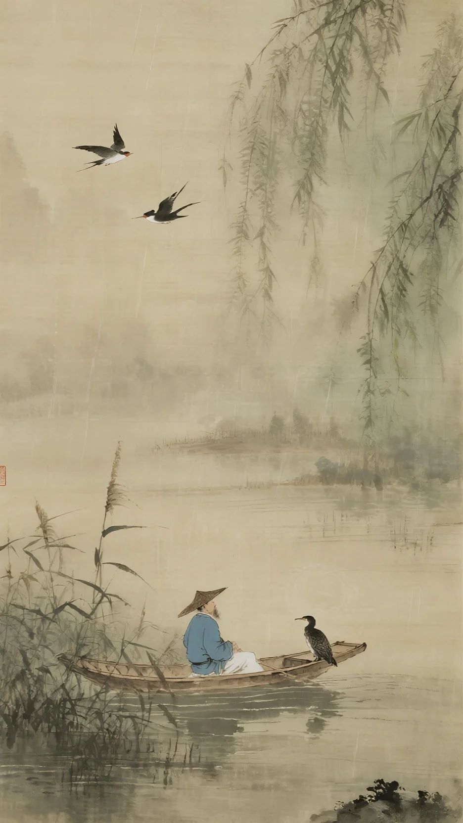 An ancient painting depicts a lonely boat and natural scenery
