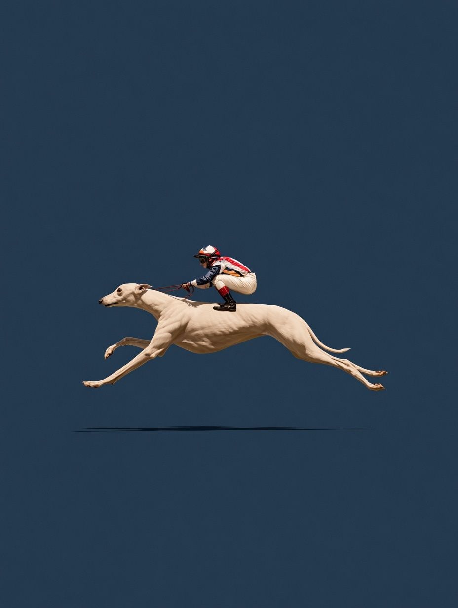 Un élégant whippet beige court à pleine vitesse avec un petit jockey sur son dos