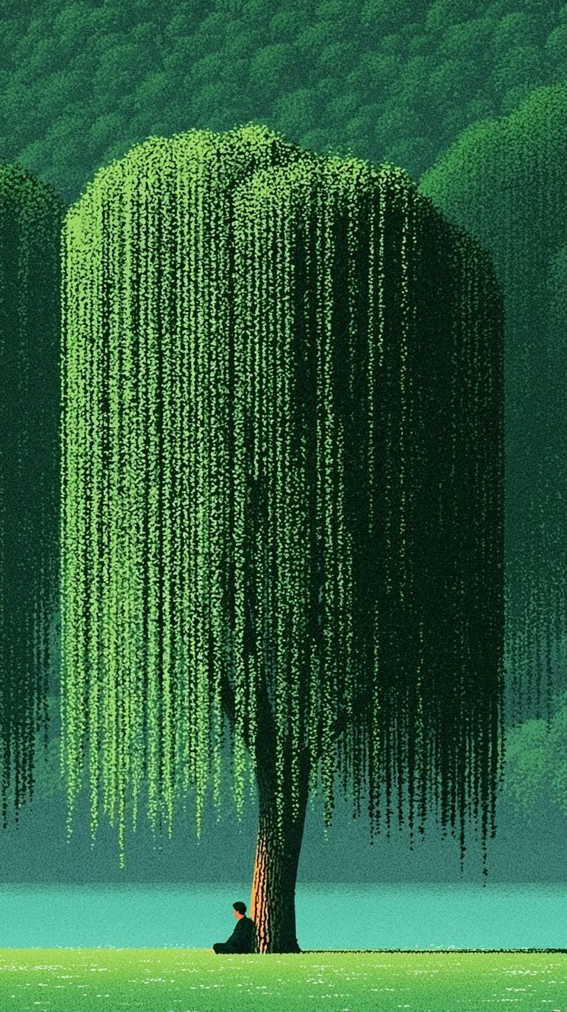 A person leaning against a willow tree in the evening