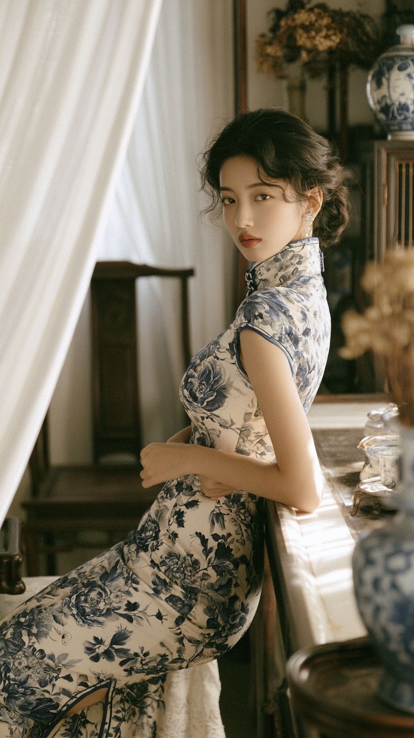 A woman in a blue-and-white floral cheongsam showcases her elegance in a refined setting