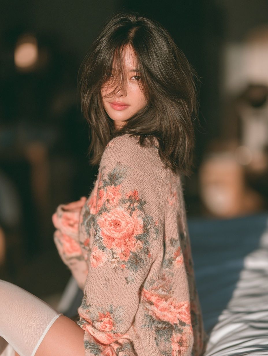 An extremely beautiful East Asian girl in pink pajamas and white stockings sitting by her bedroom bedside