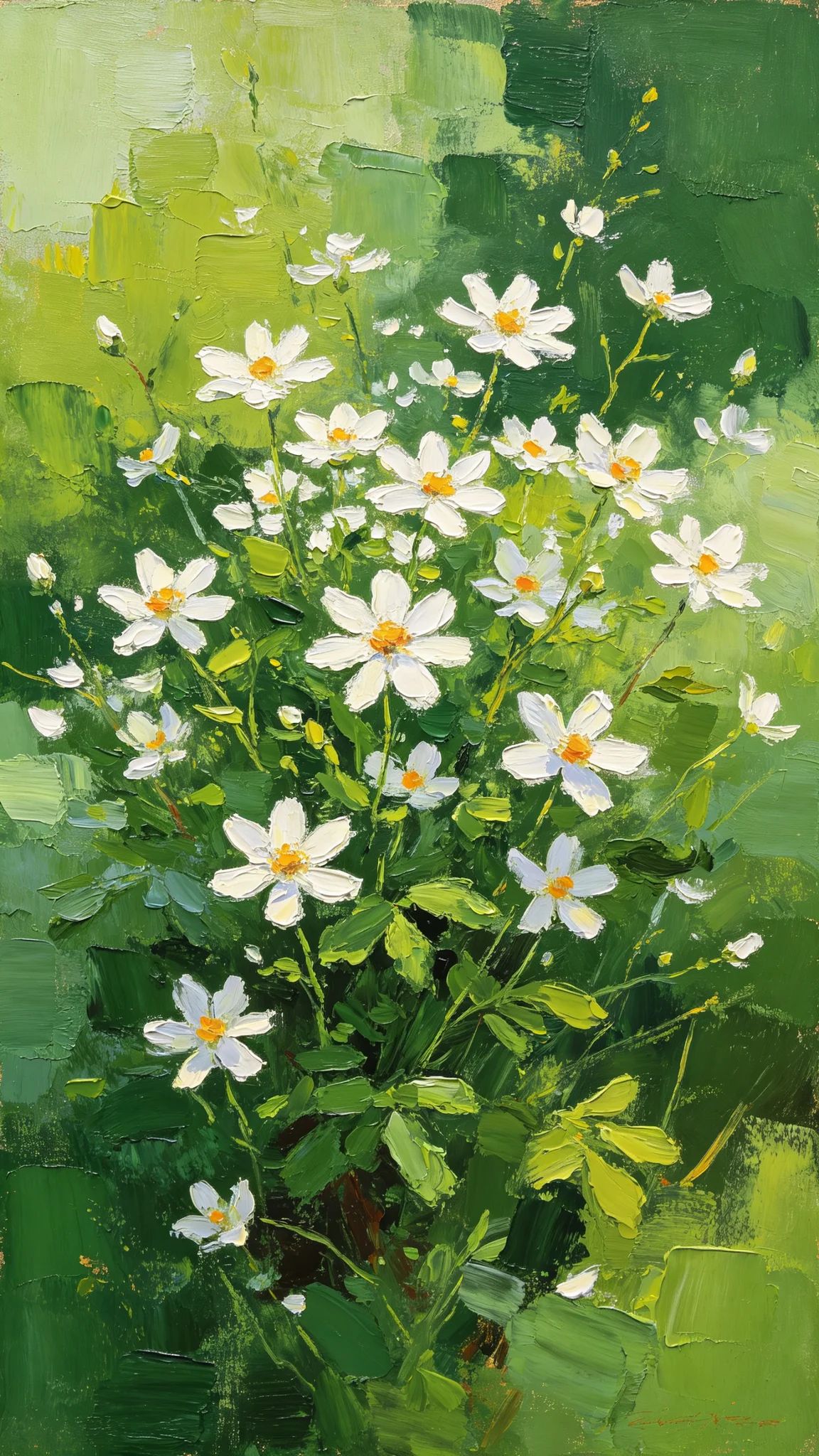 The thick oil painting style spring wildflower image depicts clusters of blooming white five-petal flowers against a green background