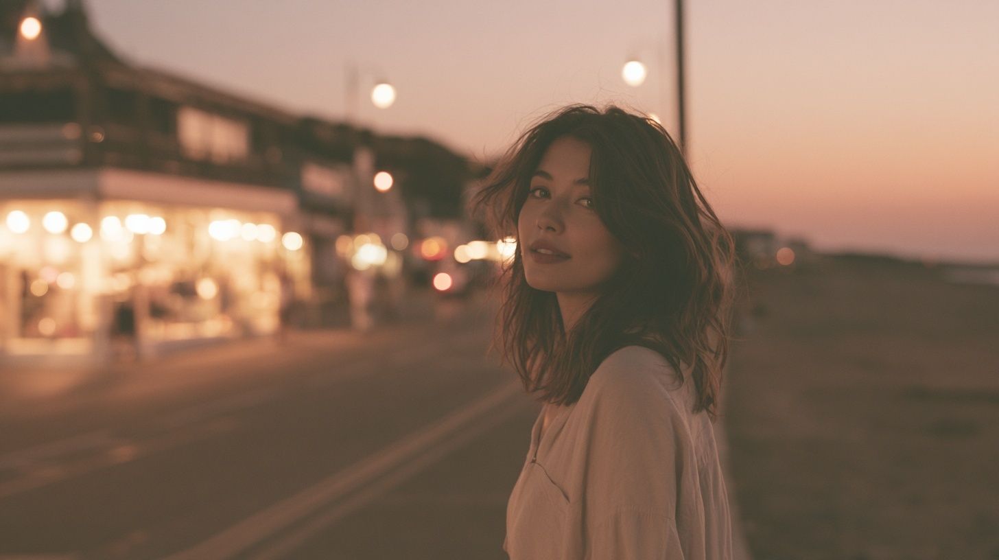Une belle femme marche dans un petit village côtier à la tombée de la nuit