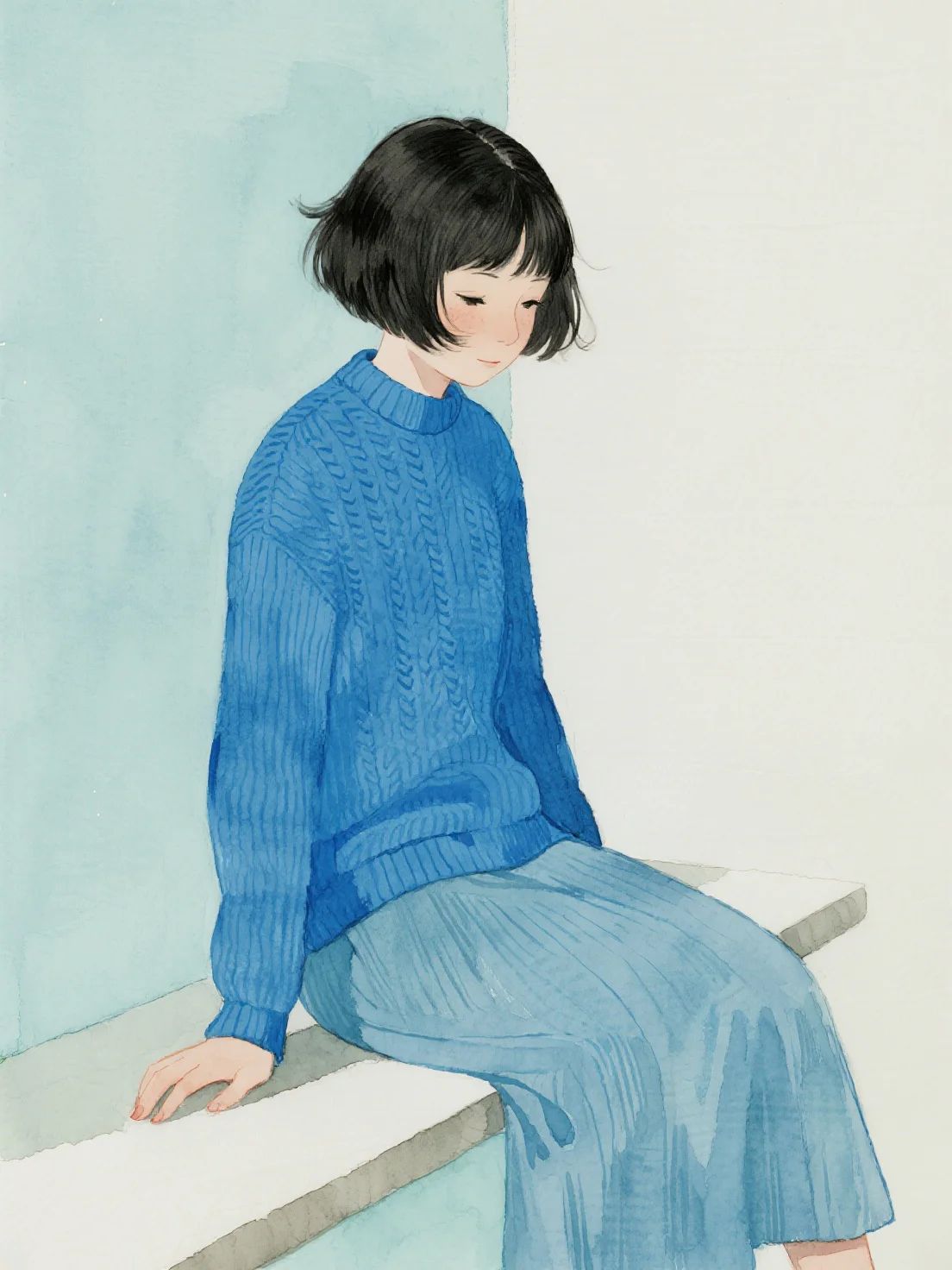 An illustration of a woman in a cobalt blue sweater exuding a gentle and healing atmosphere