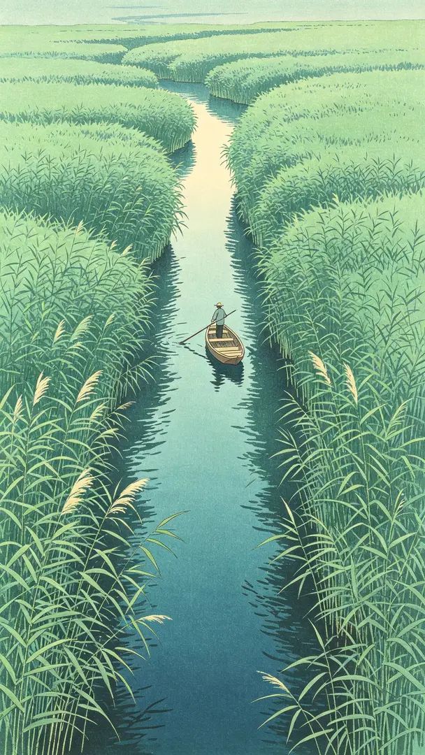 This Japanese print illustrates a serene waterside scene with a boatman