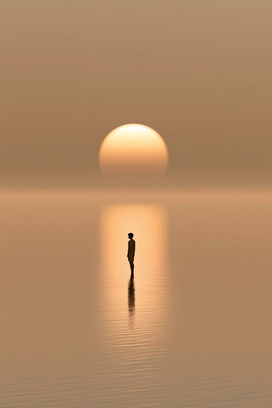 Ein ruhiges minimalistisches Kunstwerk mit einer menschlichen Silhouette, die auf eine warme goldene Sonne blickt