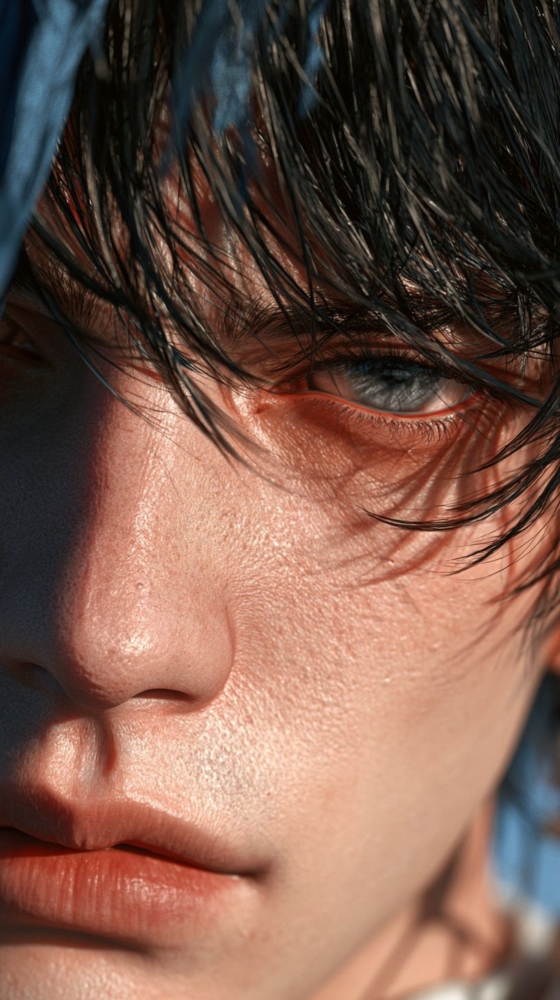 This is a close-up of a boy's face inspired by Yangyang, showcasing soft facial contours and natural proportions