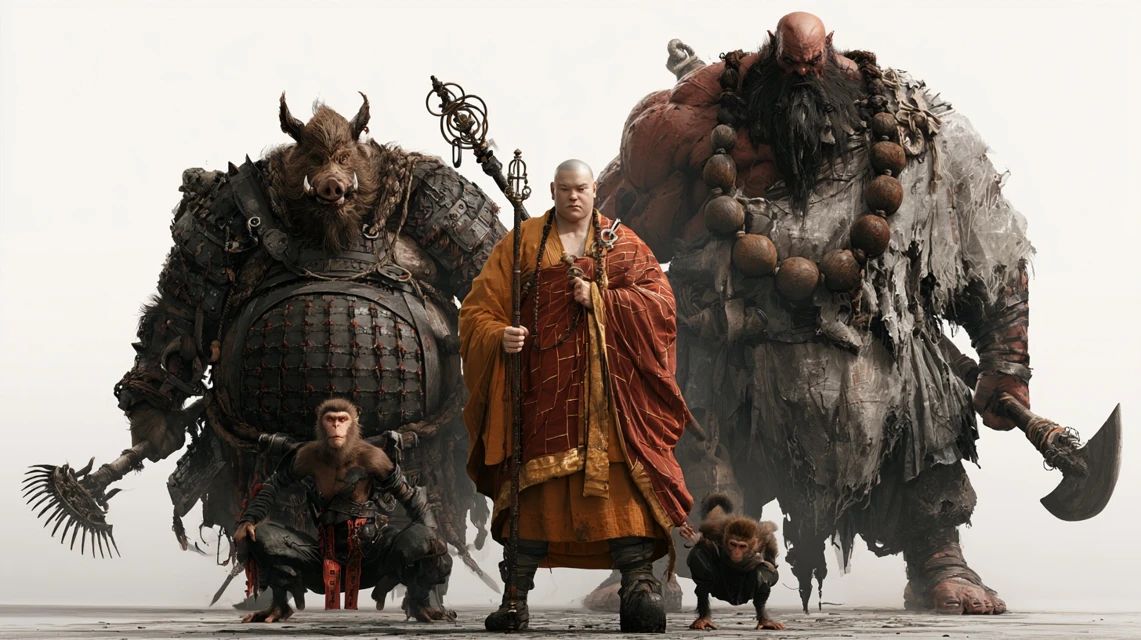 Tang Sanzang reist mit Sun Wukong, Zhu Bajie und Sha Wujing