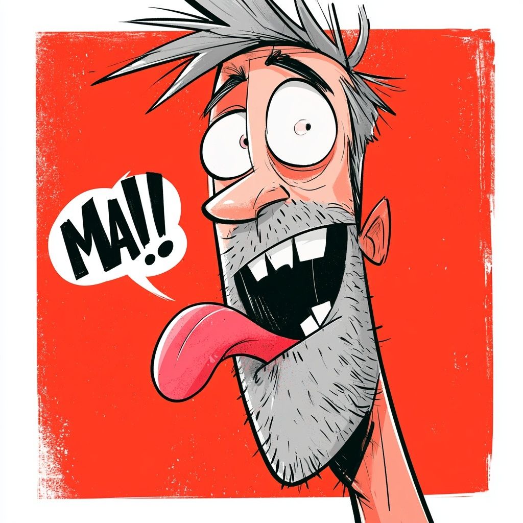 A close-up cartoon illustration of a mischievous man’s face