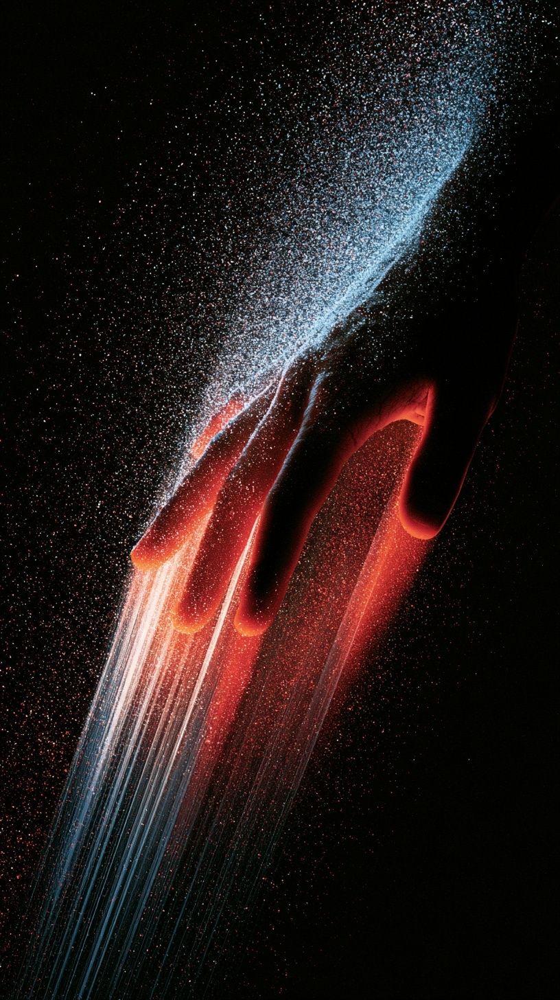 An artistic high contrast visualization of a hand moving through dark space