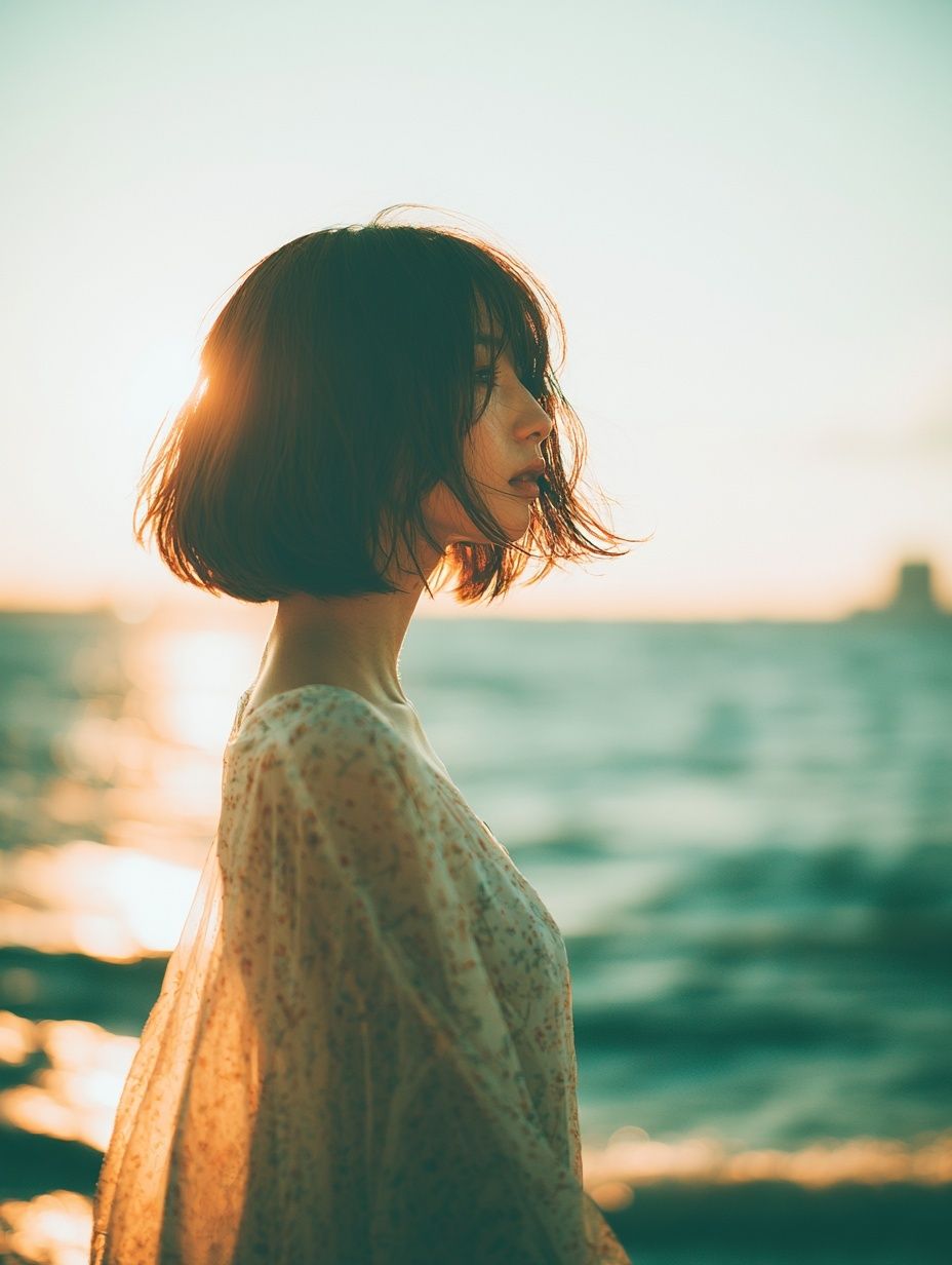 A young Japanese woman wearing a loose white floral dress by the seaside