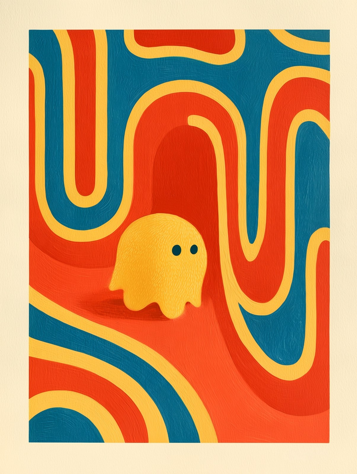 Uma obra de arte pop retrô com um fantasma amarelo no centro, em um fundo de curvas vermelhas e verde-azuladas que formam um labirinto