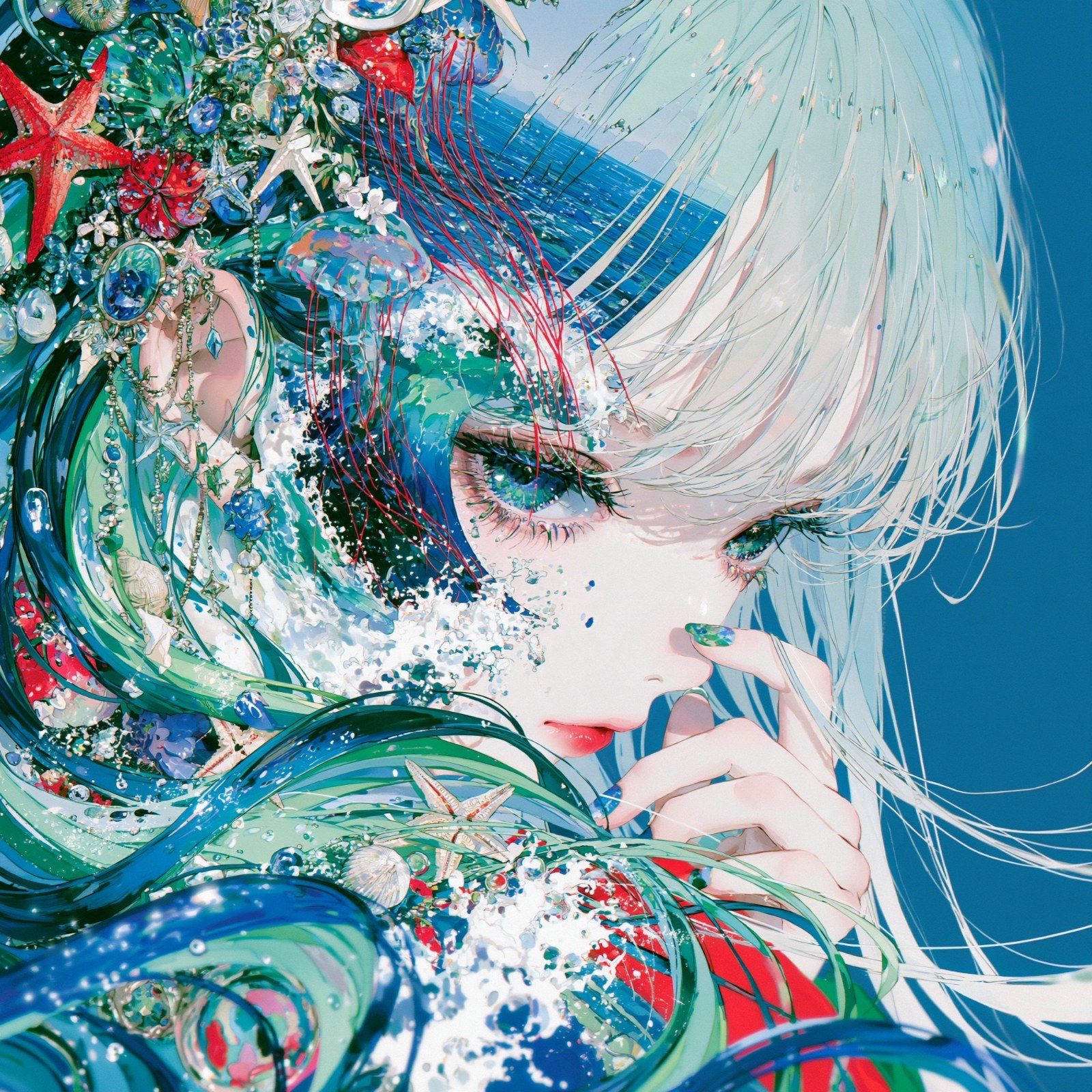 رسمة مستوحاة من أعماق البحر تعرض جانب وجه شخصية ذات شعر أبيض مع عناصر بحرية